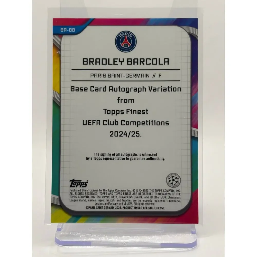 2024-25 Topps Finest UEFA Bradley Barcola Blue Auto 21/150 SP PSG - Picture 2 of 2